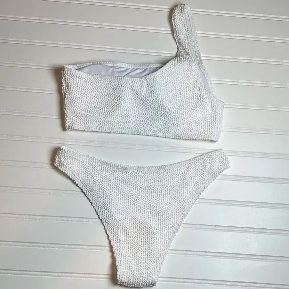 Women White One Shoulder Ribbed Bikini Set Textured High Cut Size Medium NWOT
